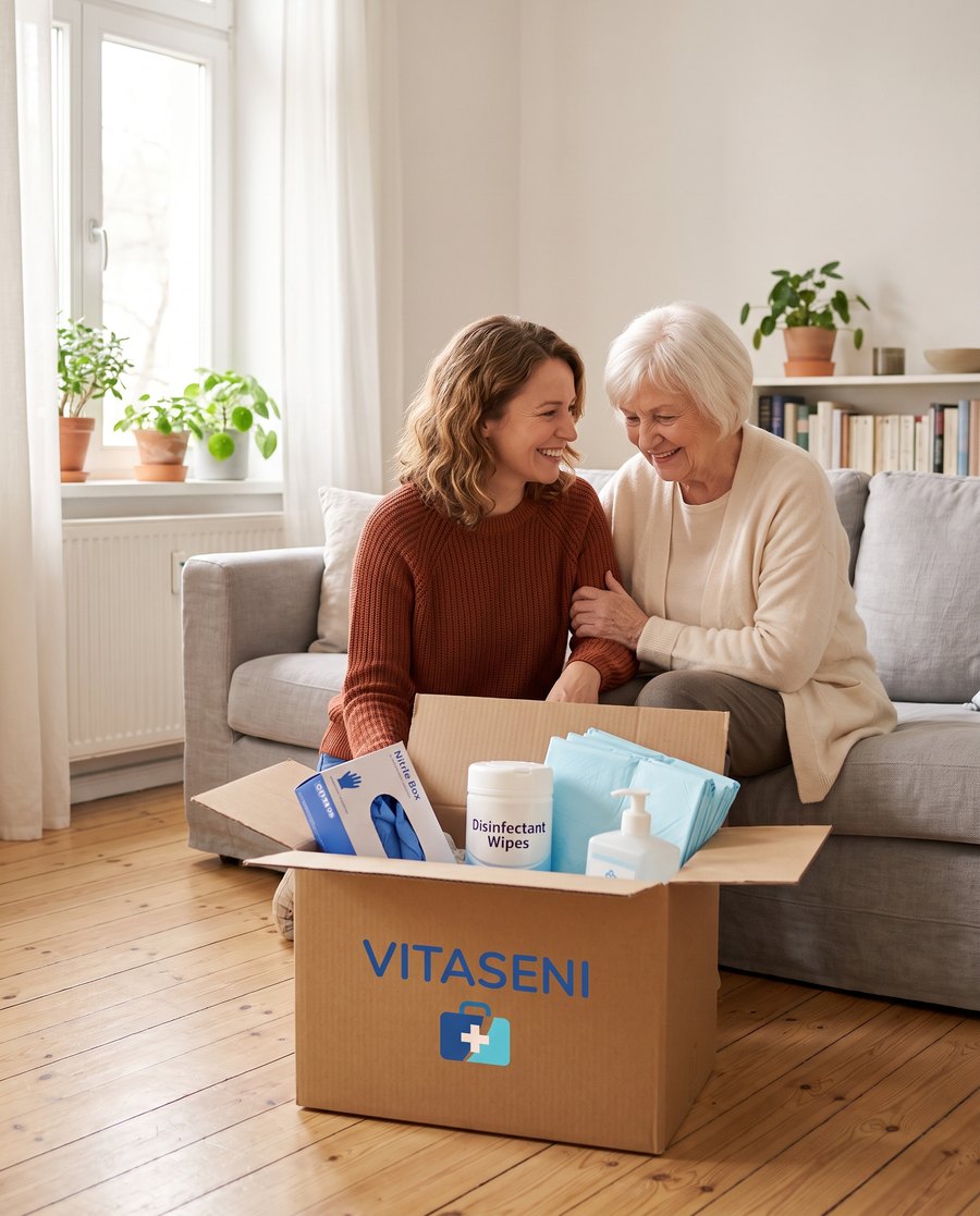 Pflegende Angehörige zu Hause mit ihrer Mutter vor einer geöffneten Vitaseni-Pflegebox mit Einmalhandschuhen, Desinfektionstüchern, Händedesinfektion und Bettschutzeinlagen